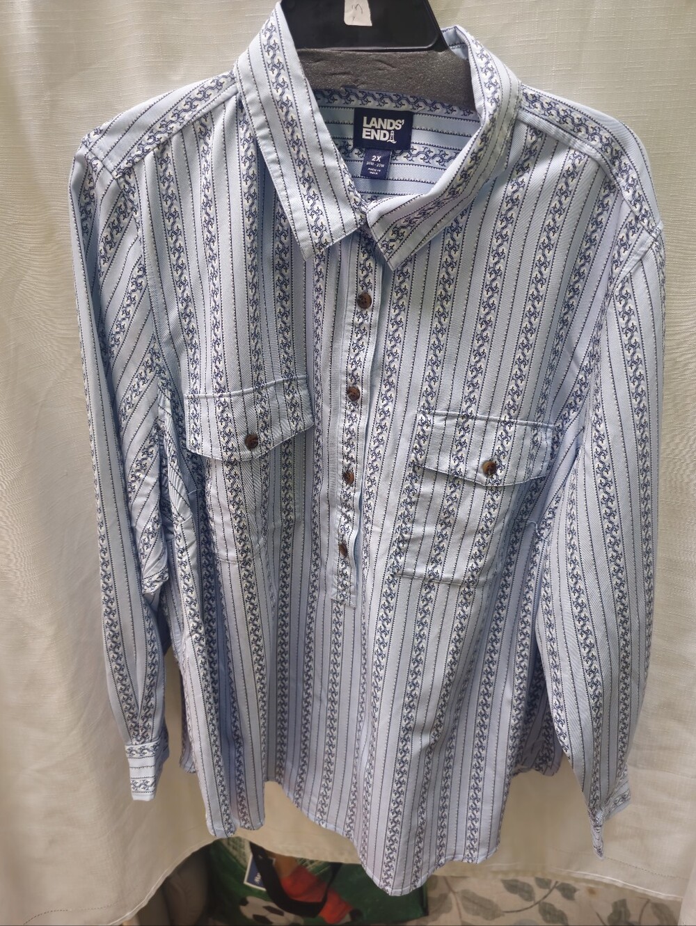 Lands' End Women's Size 2X Blue White Striped Popover Long Sleeve Tunic Blouse
